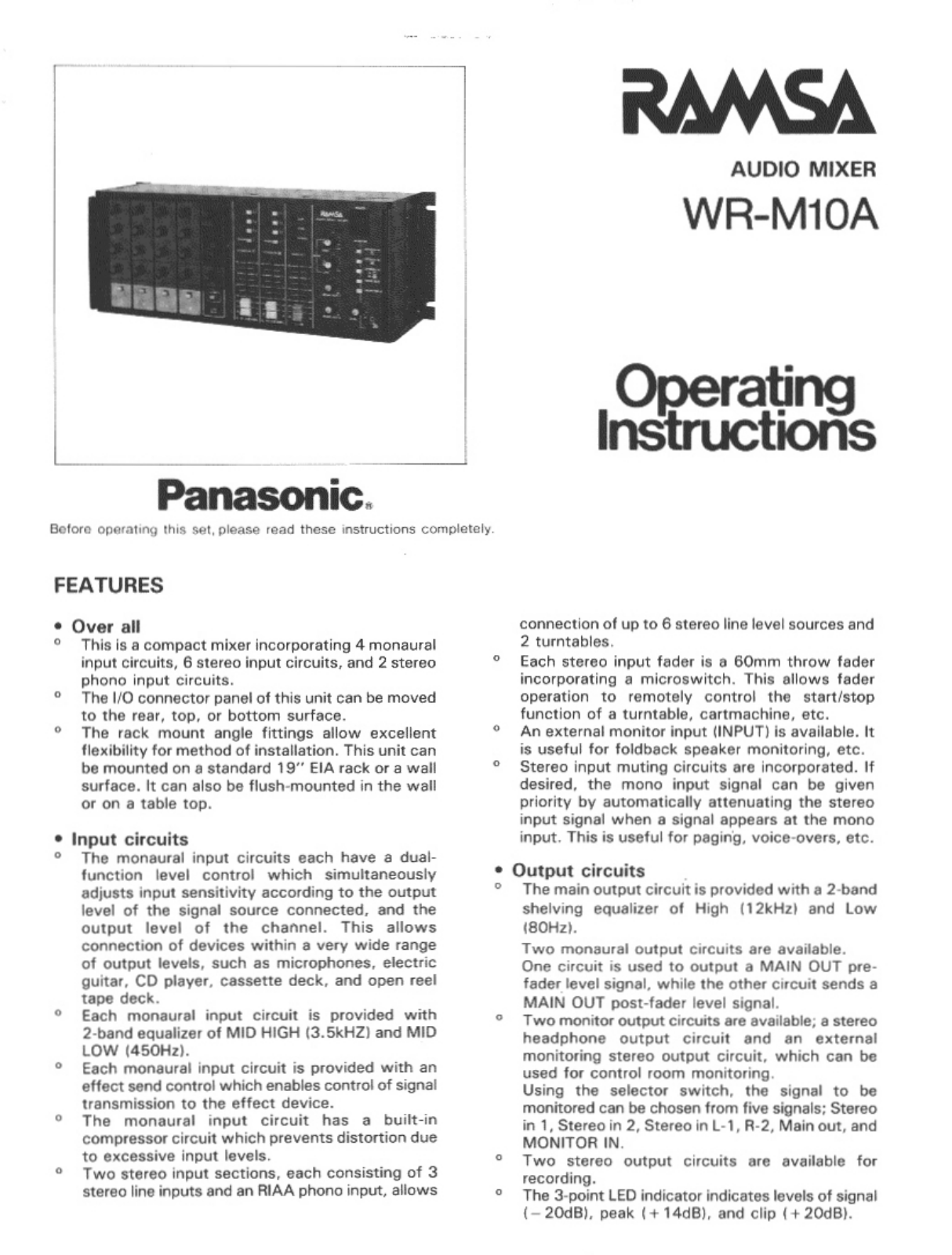 Panasonic wr-m10a Operation Manual