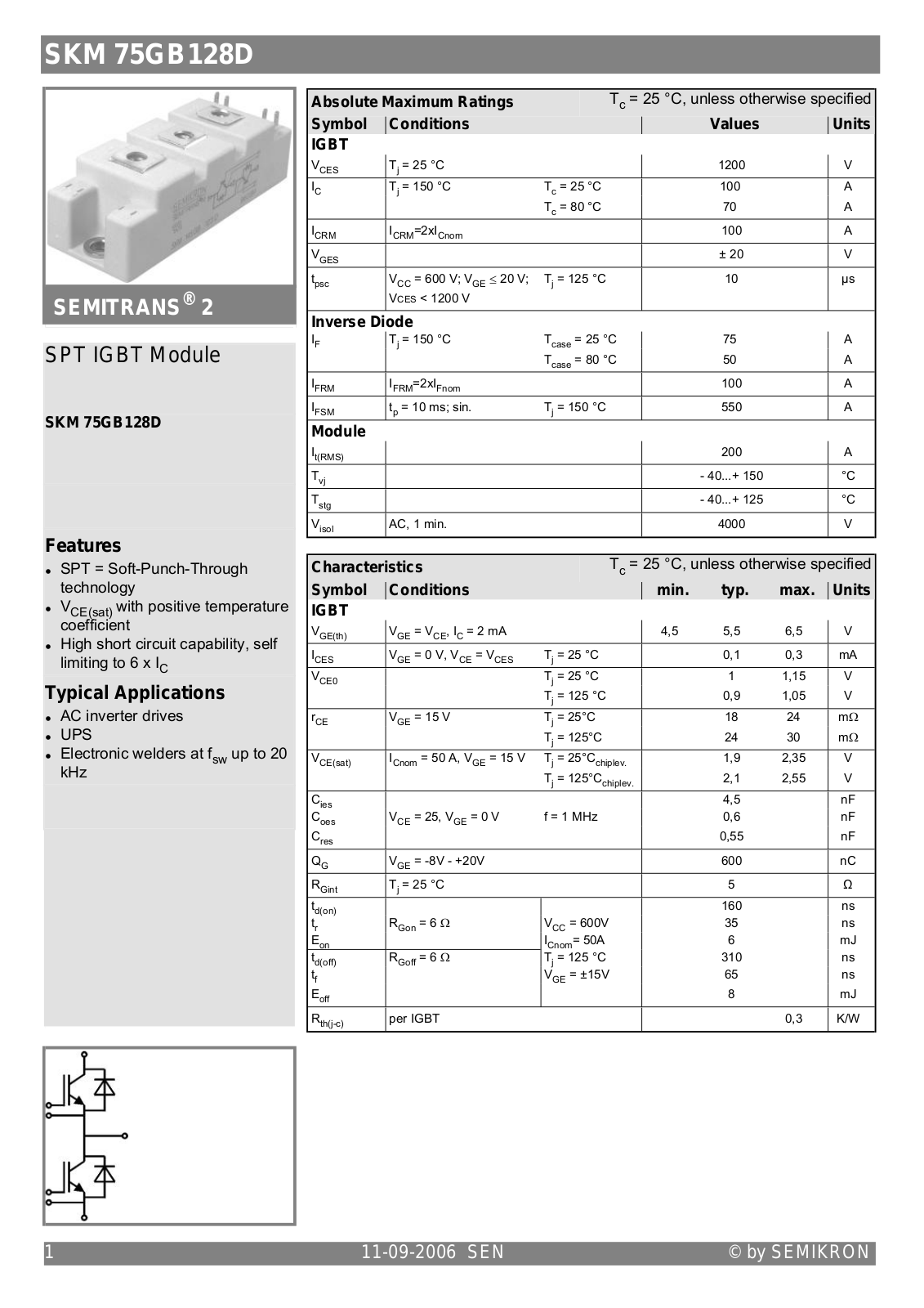 Semikron SKM75GB128D Data Sheet