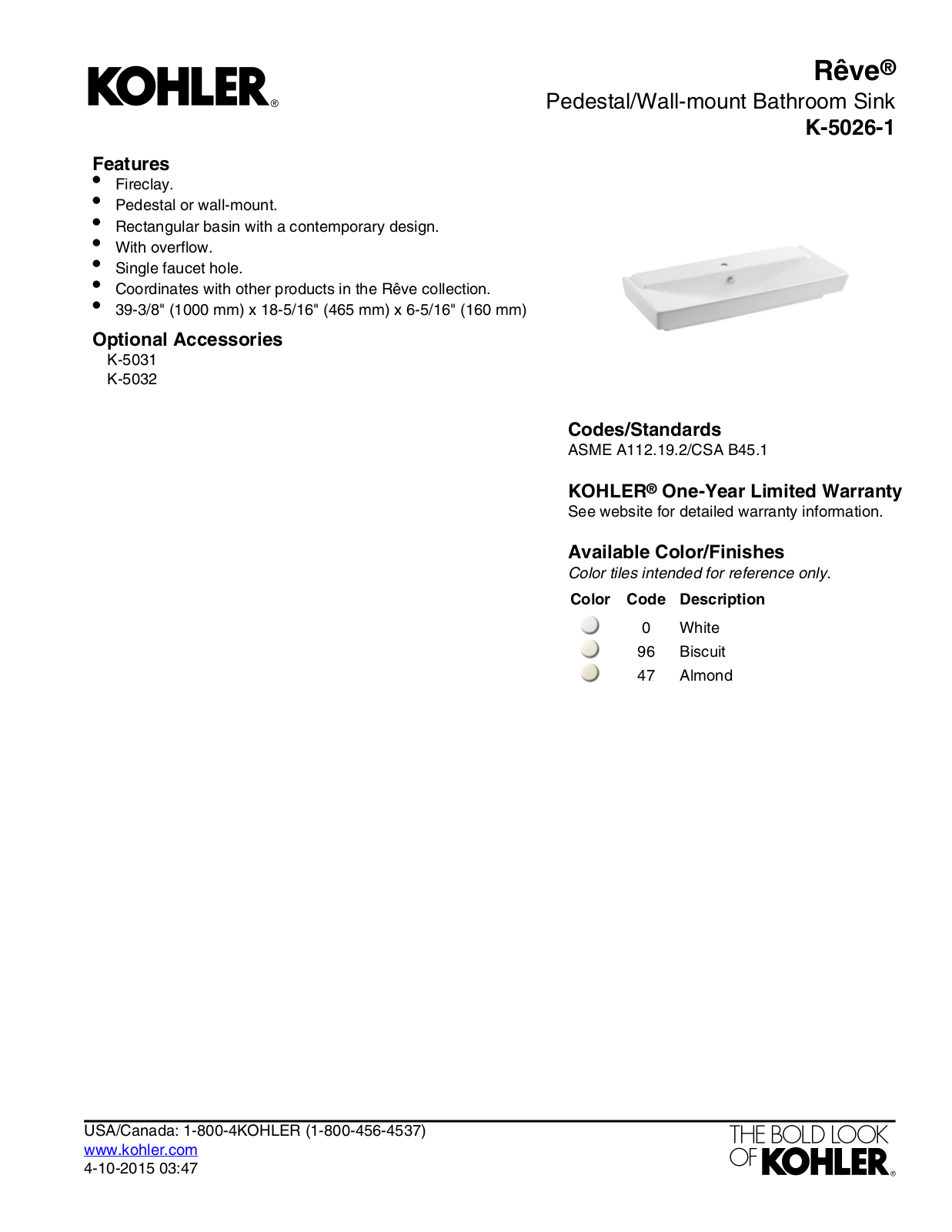 Kohler KOH20396 Specifications - ManualMachine.com