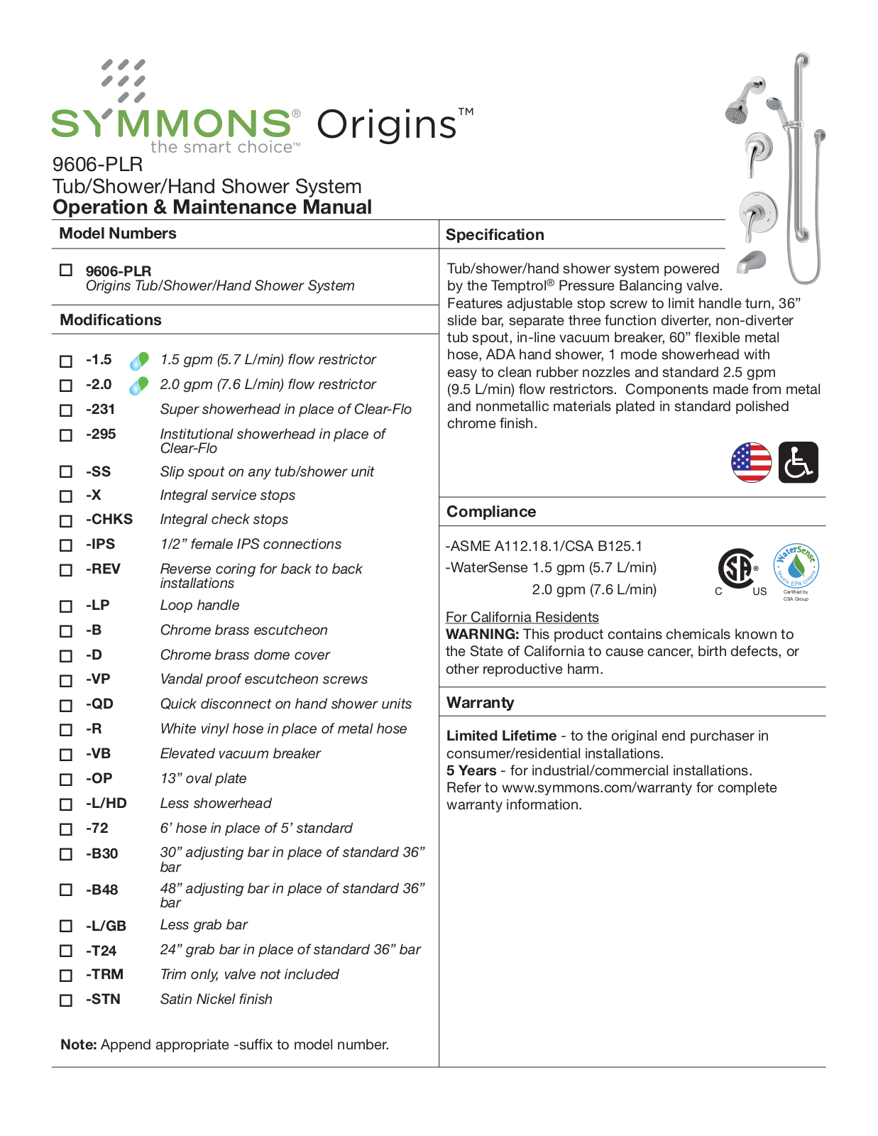 Symmons 9606-PLR Installation  Manual