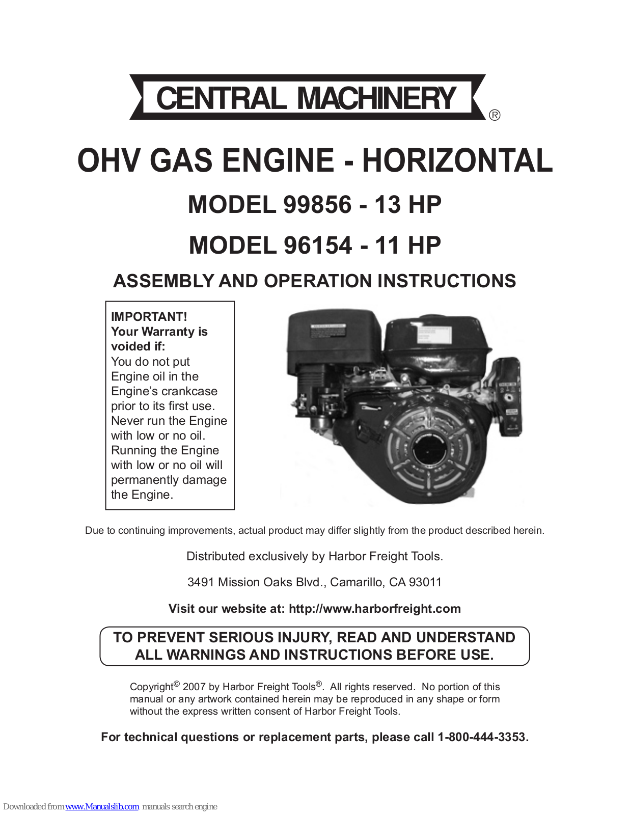 Central Machinery 96154 - 11HP, 99856 - 13 HP, 96154, 99856 Assembly And Operation Instructions Manual