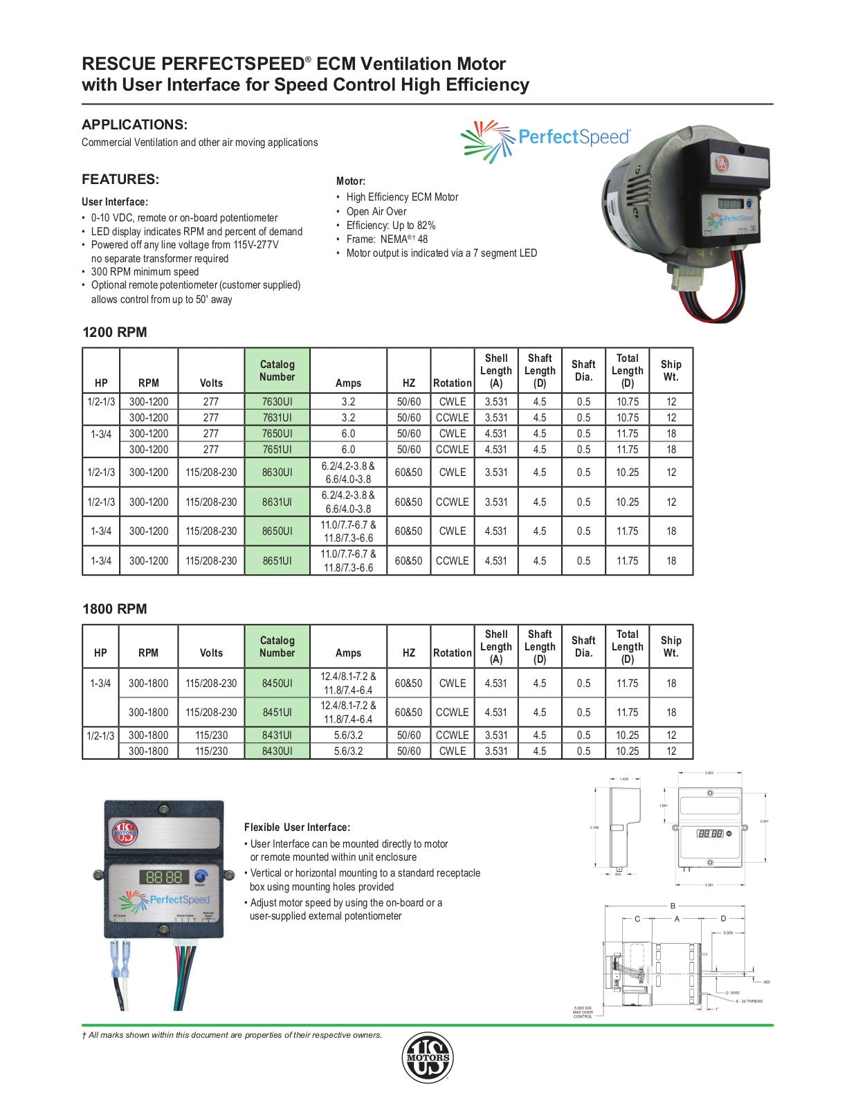 US Motors RESCUE PERFECTSPEED®  ECM Ventilation Motor Catalog Page