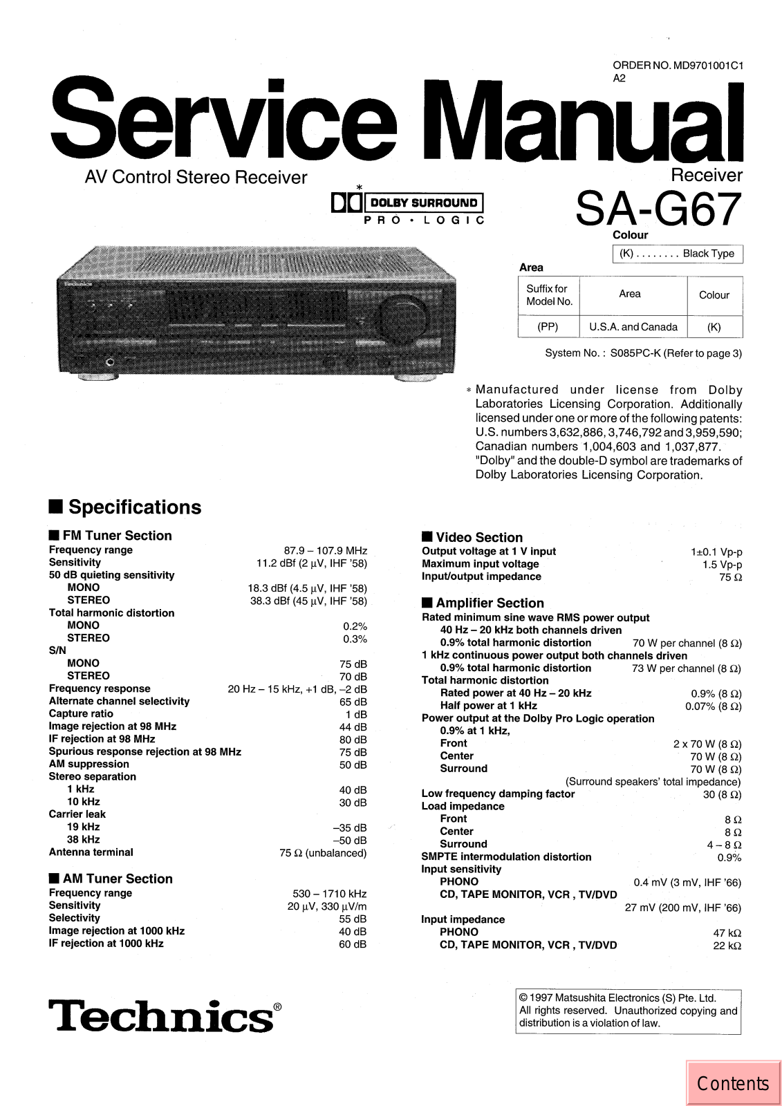 Technics SA-G67 Service Manual
