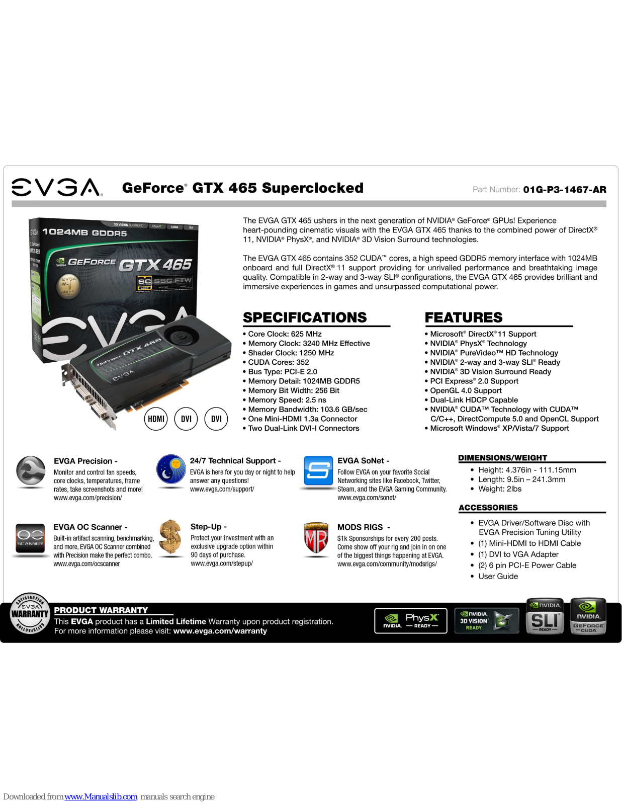 EVGA GeForce GTX 465 SuperClocked, 01G-P3-1467-AR Specifications - ManualMachine.com