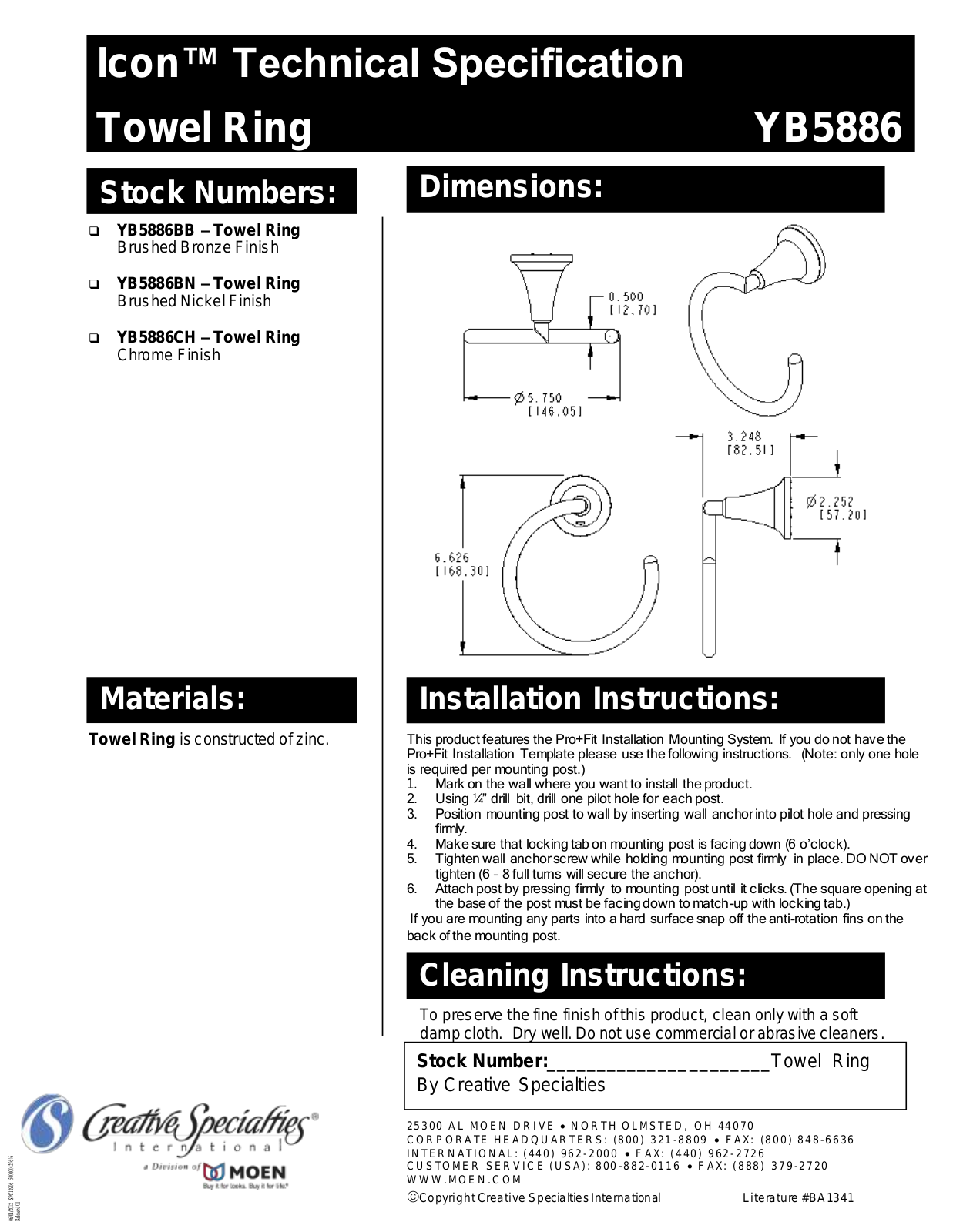 Moen YB5886CH Installation manual