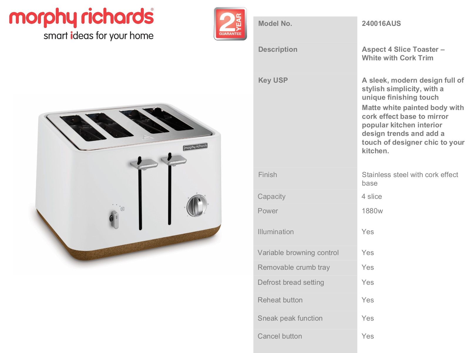 Morphy Richards 240016 Specifications Sheet