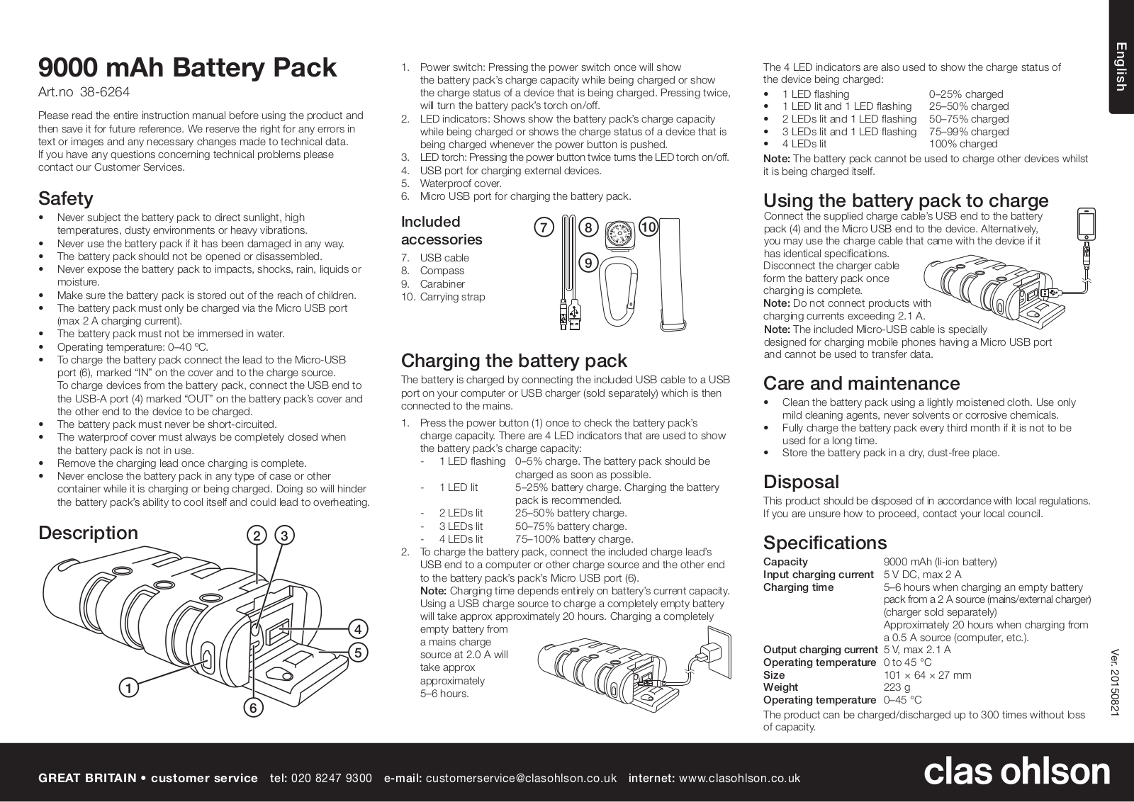 Clas Ohlson 38-6264, 9000mAH User Manual