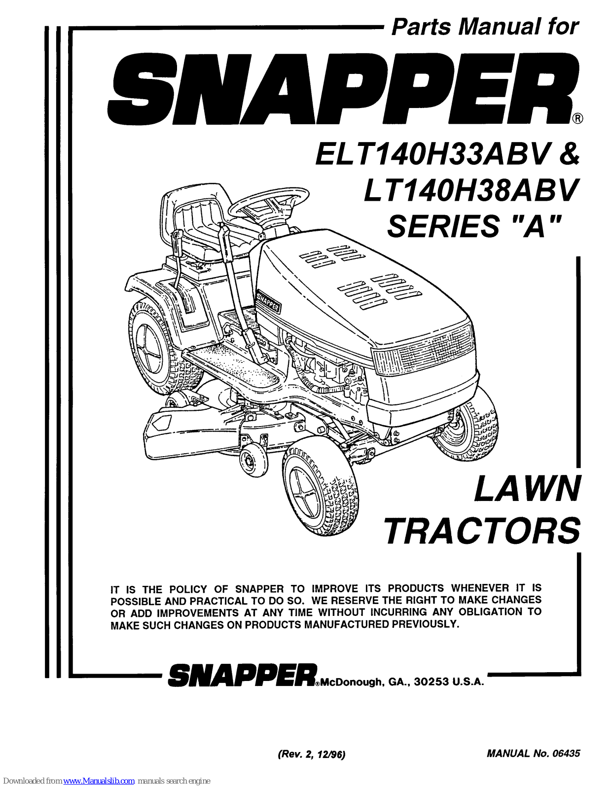 Snapper ELT140H33ABV, LT140H38ABV Parts Manual