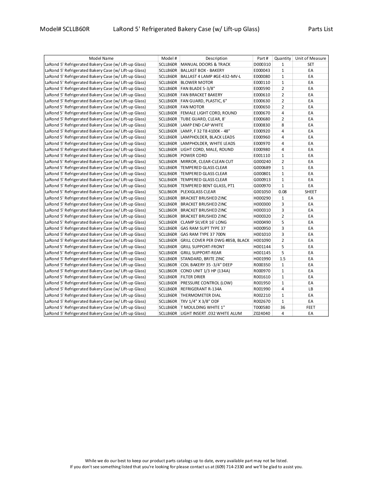 RPI Industries SCLLB60R Parts List