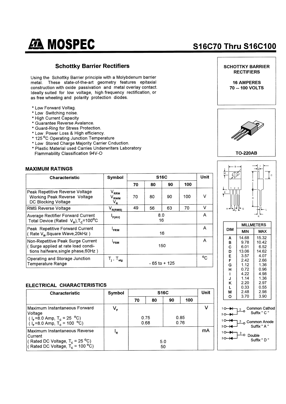 MOSPEC S16C100, S16C70, S16C80, S16C90 Datasheet