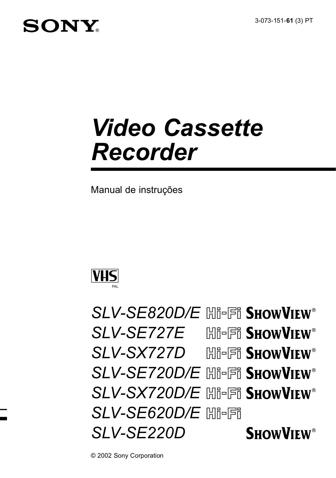 Sony SLV-SX720E, SLV-SE620D, SLV-SE820D, SLV-SX727D, SLV-SE820E Manual