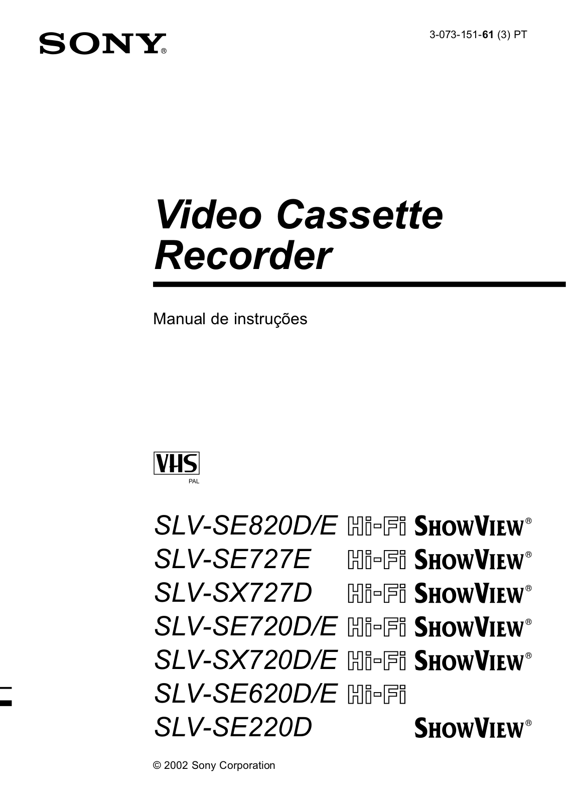 Sony SLV-SX720E, SLV-SE620D, SLV-SE820D, SLV-SX727D, SLV-SE820E User Manual