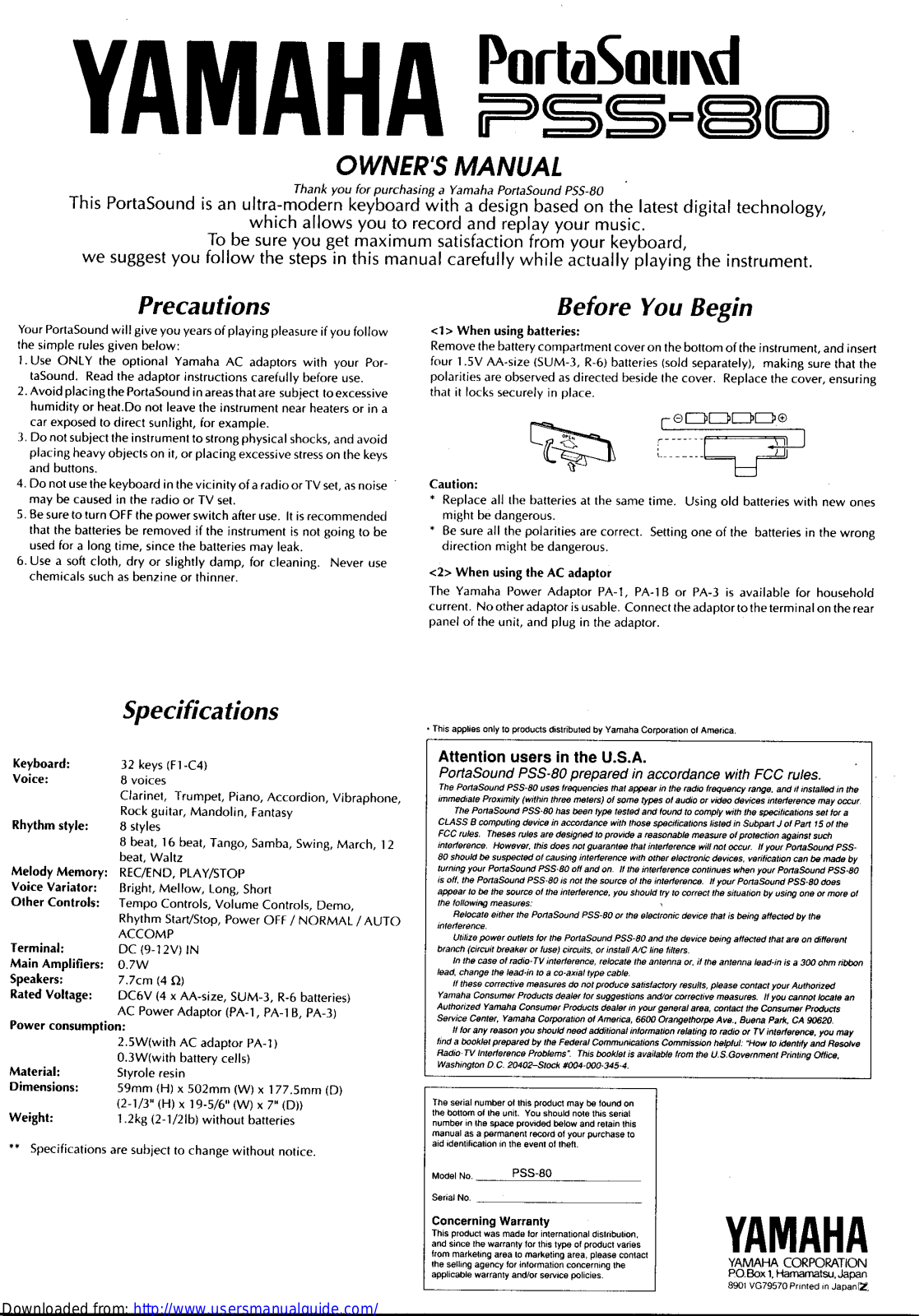 Yamaha Audio PSS-80 User Manual