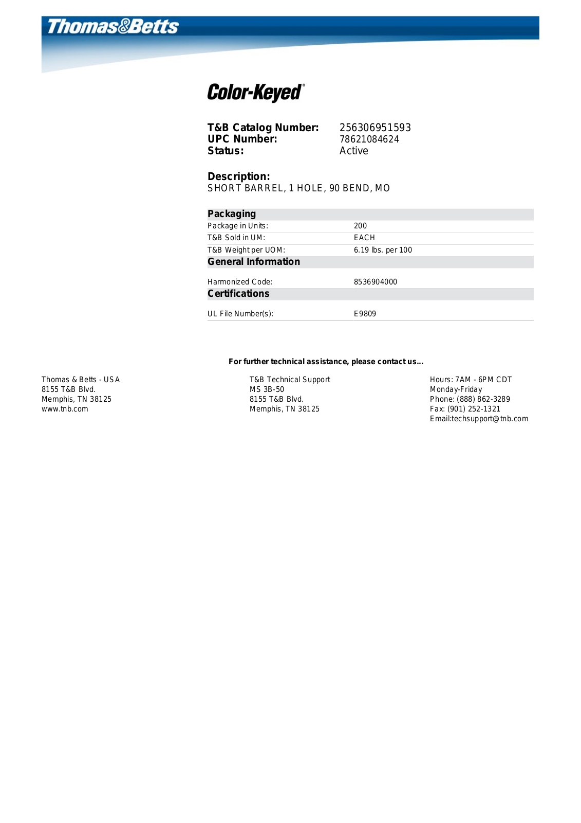 Thomas & Betts 256-30695-1593 Data Sheet