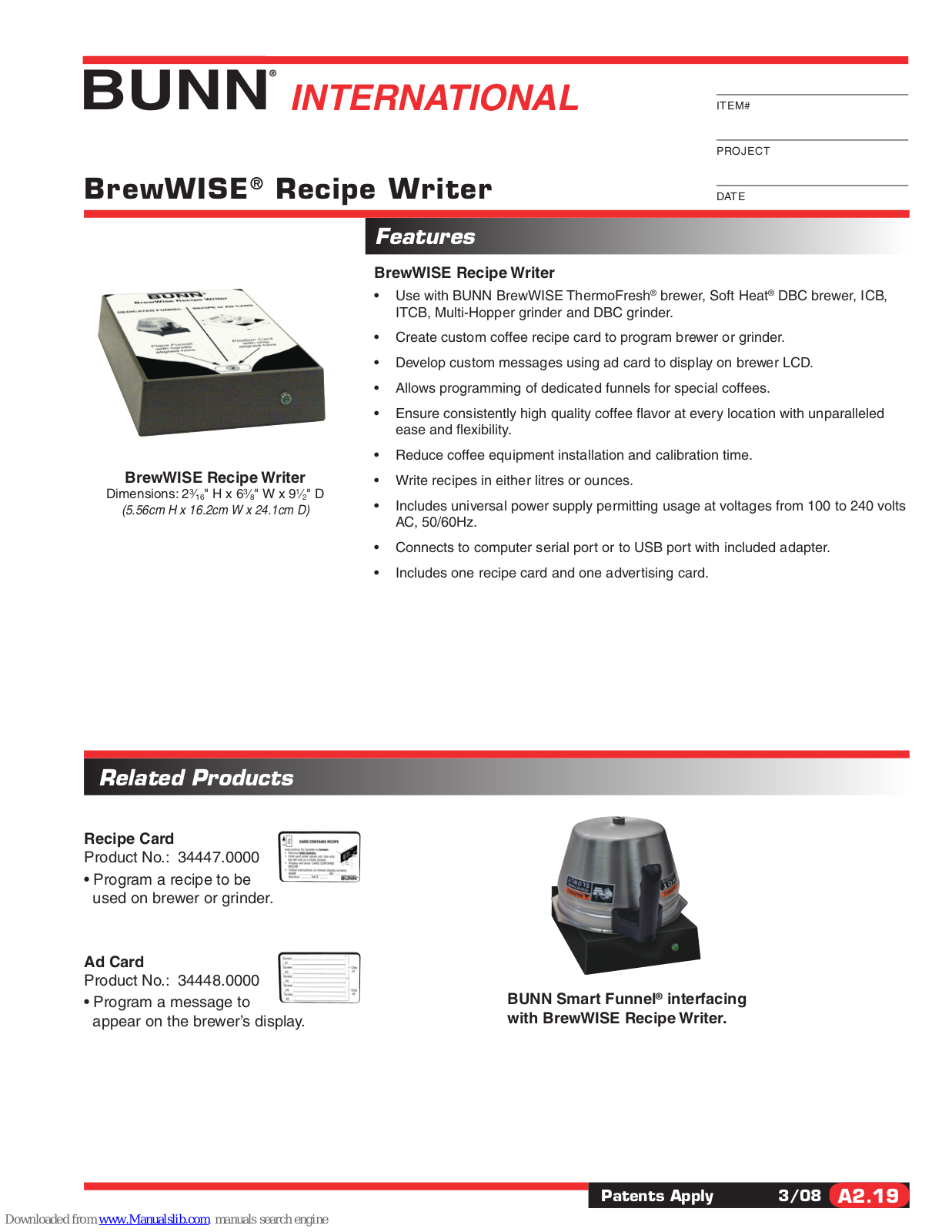 Bunn Recipe Writer BrewWISE, Recipe Writer Specification Sheet