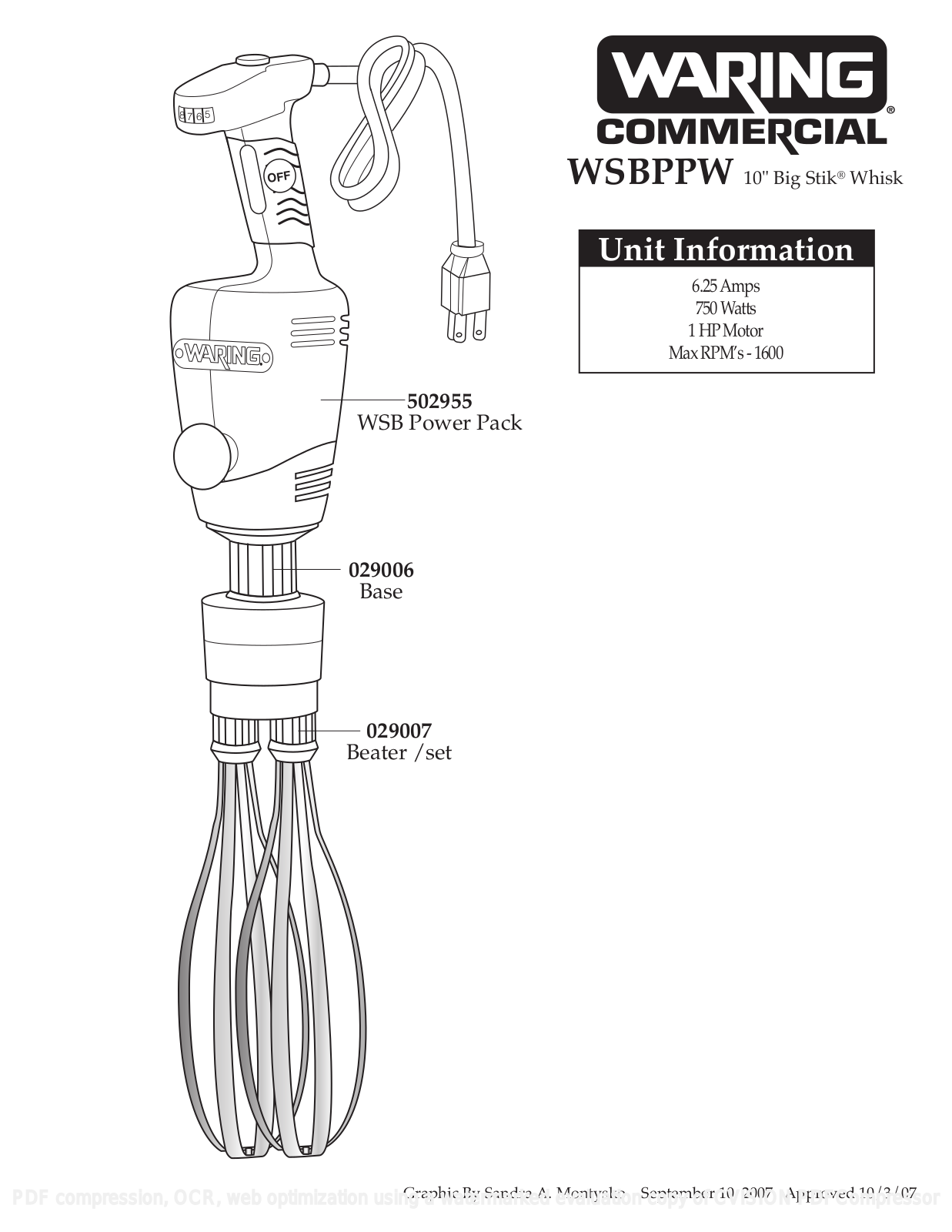 Waring Products WSBPPW Part Manual