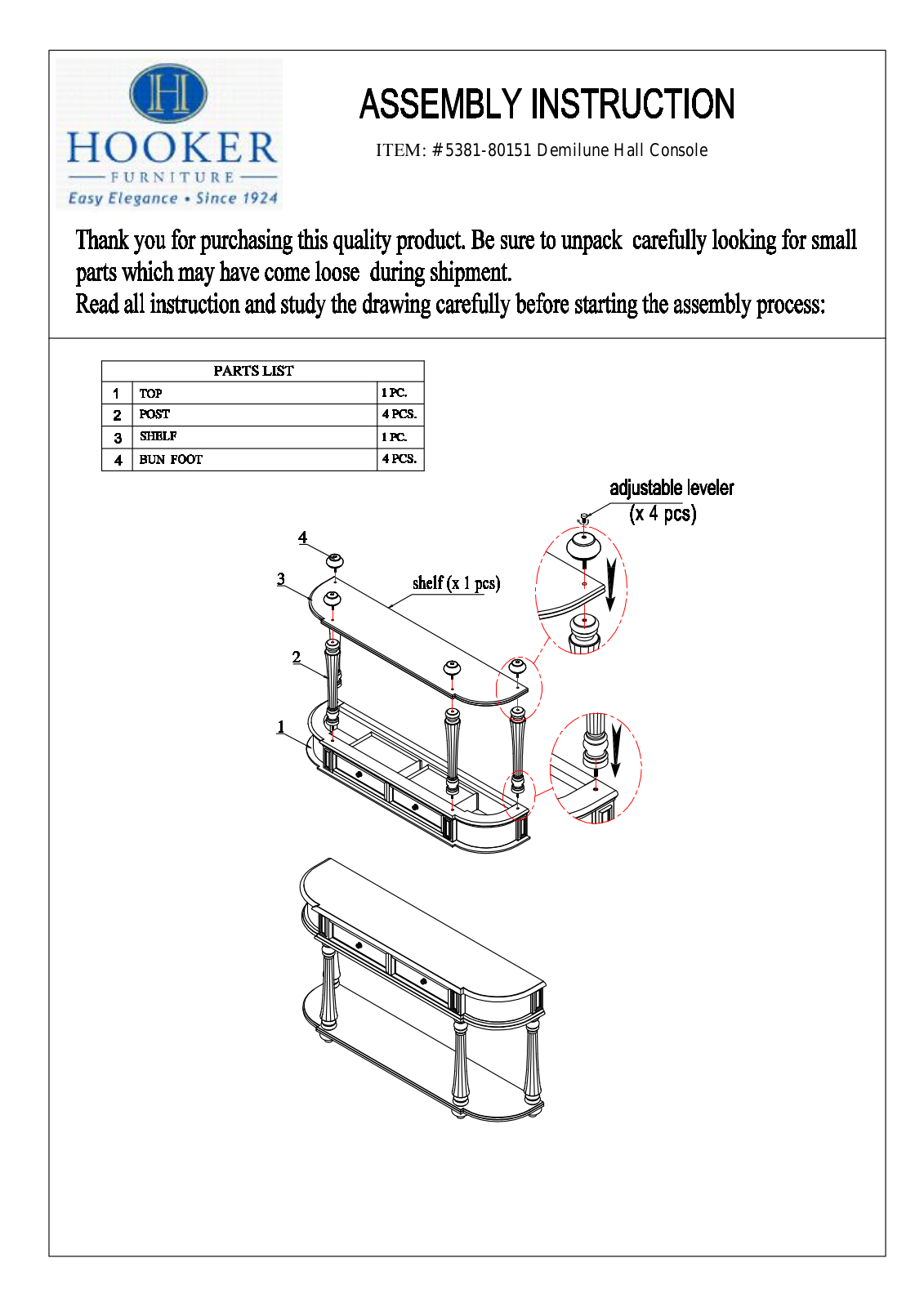 Hooker Furniture 538180151 Assembly Guide