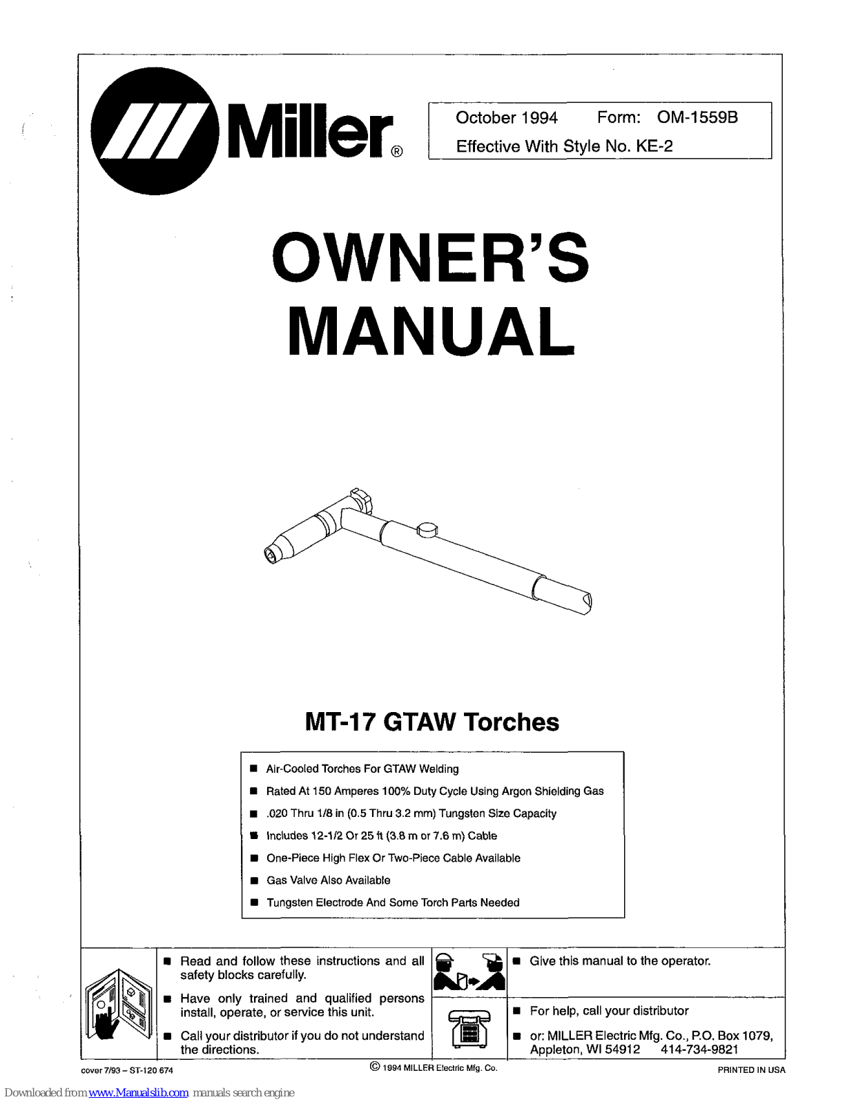 Miller Electric MT-17 Owner's Manual