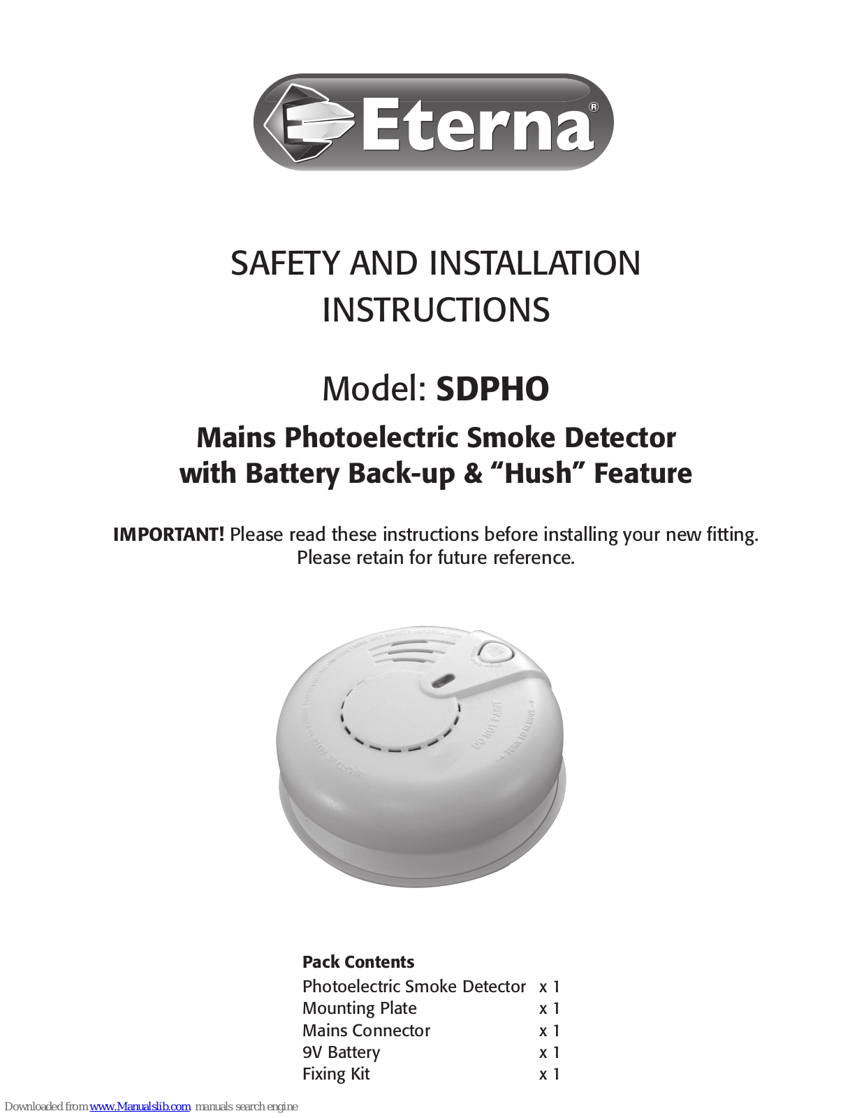 Eterna SDPHO Safety And Installation Instructions Manual