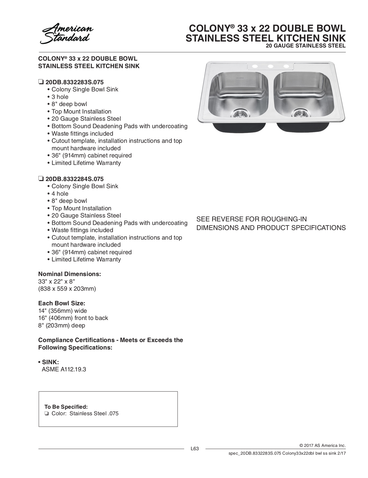 American Standard 20DB.8332283S.075, 20DB.8332284S.075 Installation Manual