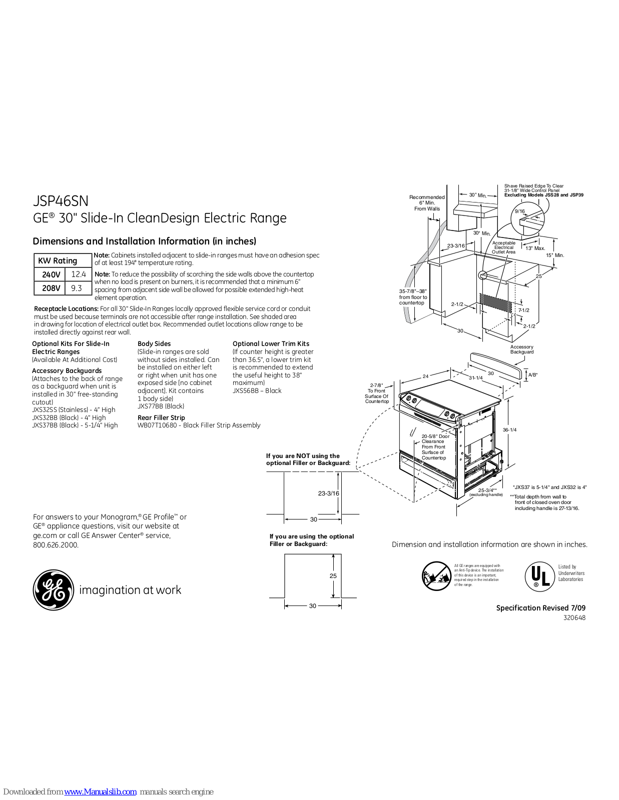 GE JSP46SNSS, JSP46SN Dimensions And Installation Information