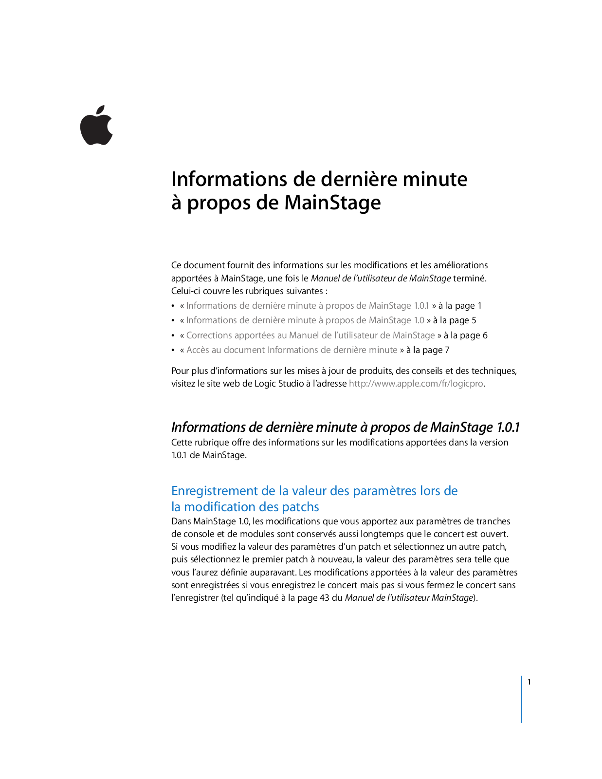 Apple MAINSTAGE 1.0.1 Information Manual