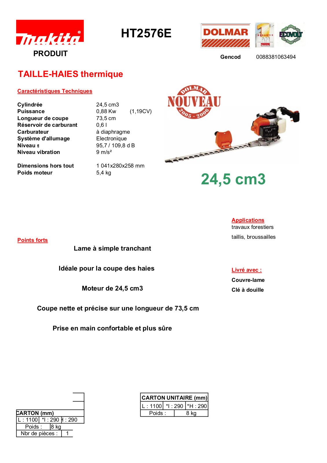 Makita HT2576E TECHNICAL CHARACTERISTICS