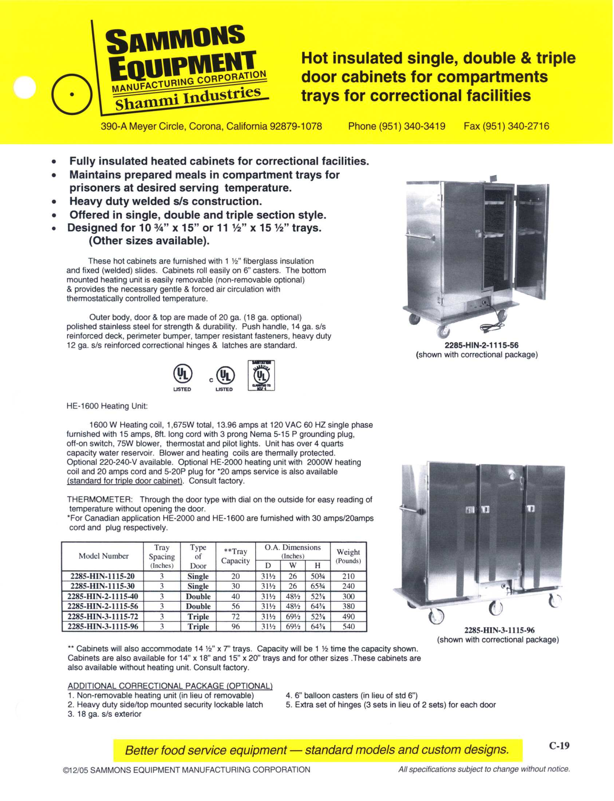 Sammons Equipment 2285-HIN-1115-20 User Manual