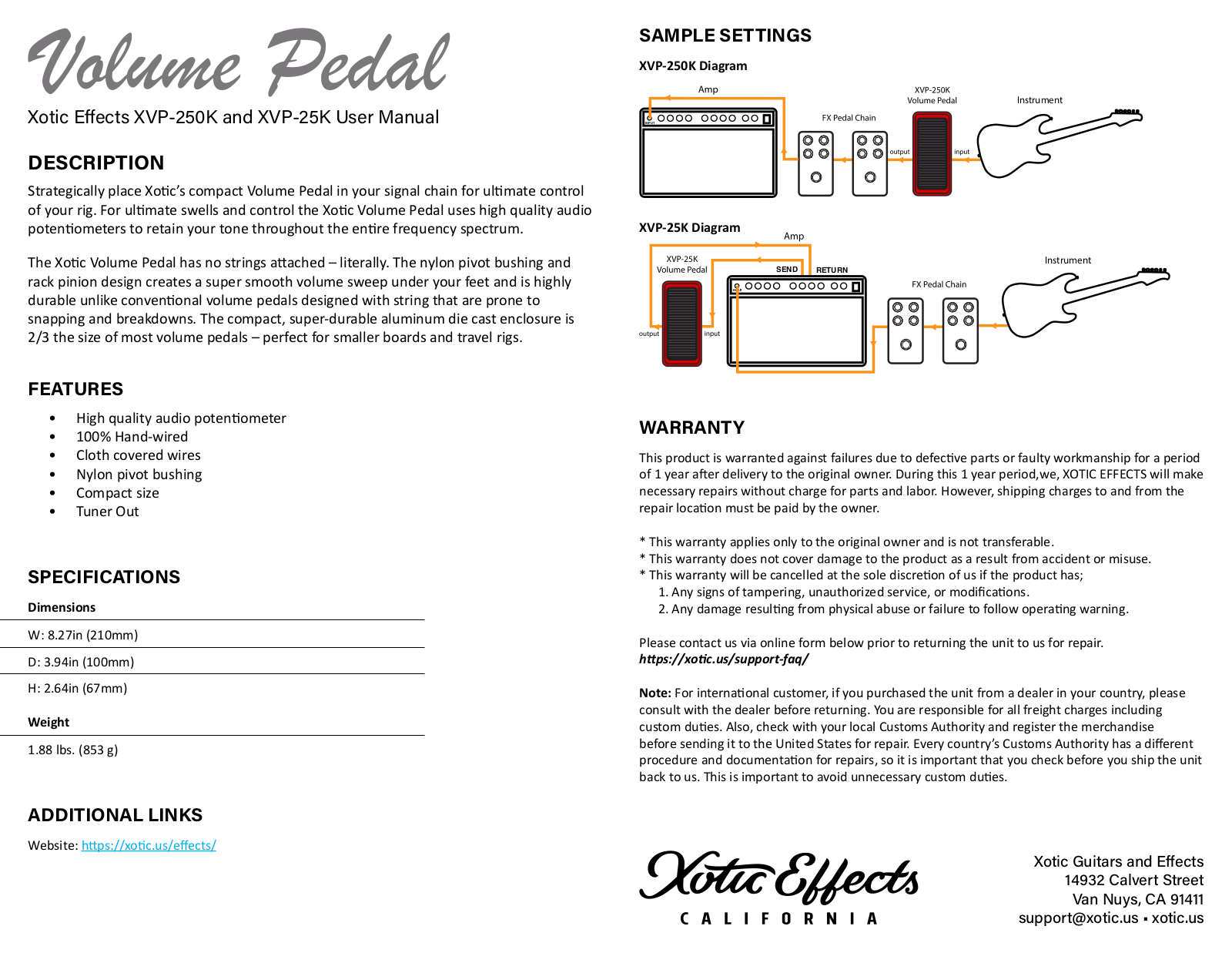 Xotic Effects XVP-250K, XVP-25K Owner`s Manual