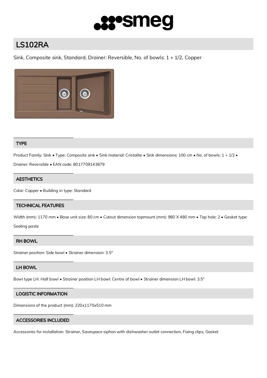 Smeg LS102RA Technical sheet