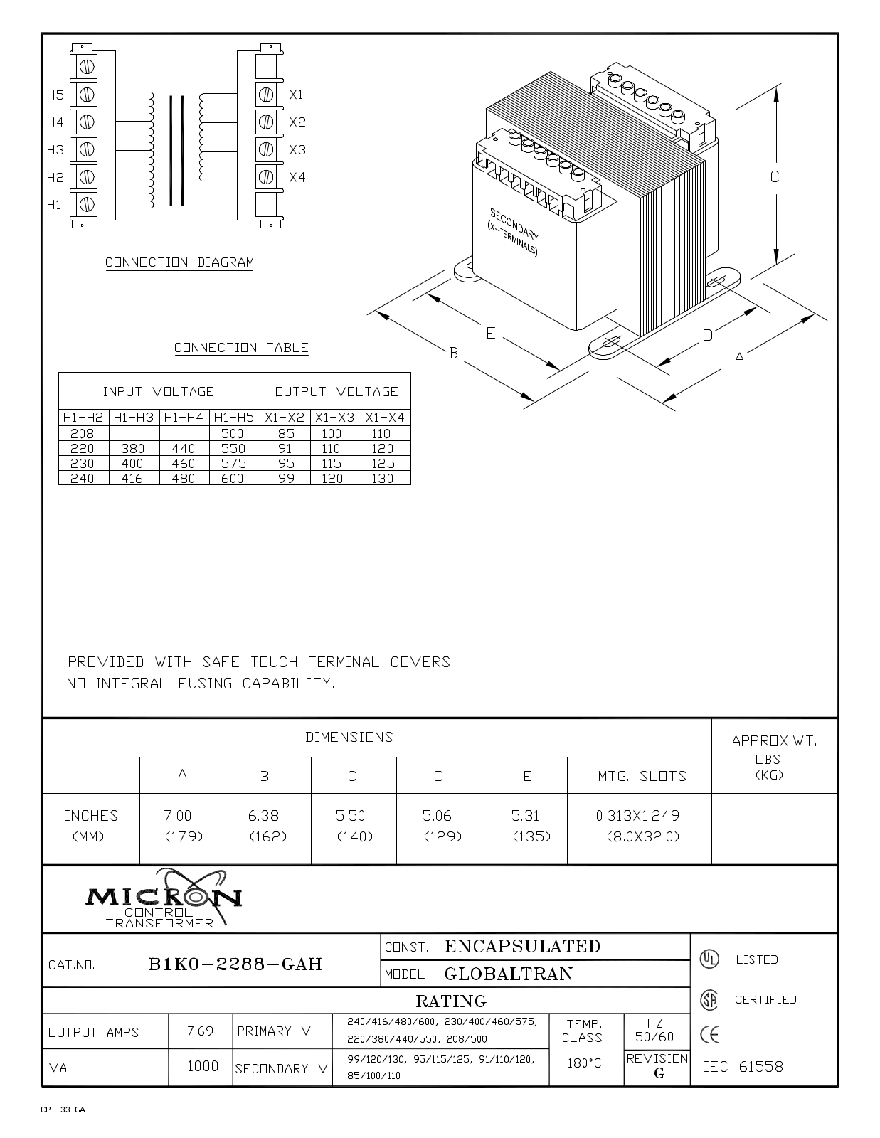 Micron Industries B1K0-2288-GAH Specification Sheet