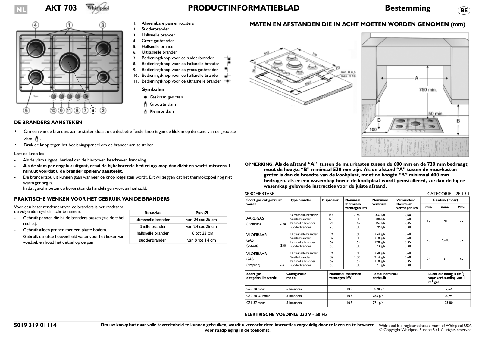 Whirlpool AKT 703/IX PROGRAM CHART