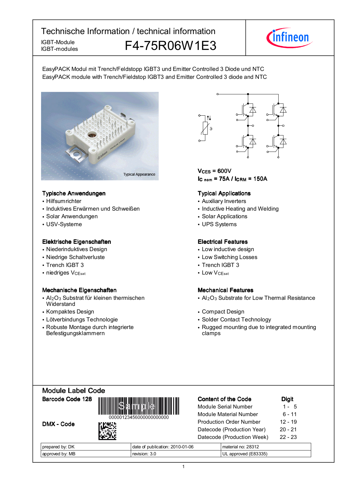 Infineon F4-75R06W1E3 Data Sheet