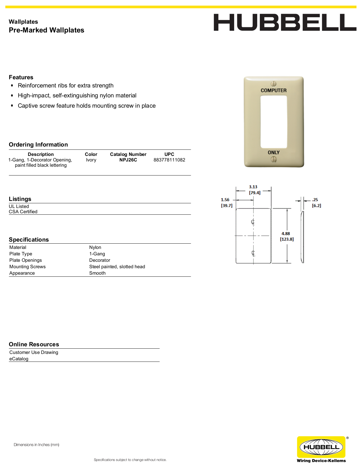 Hubbell NPJ26C Specifications