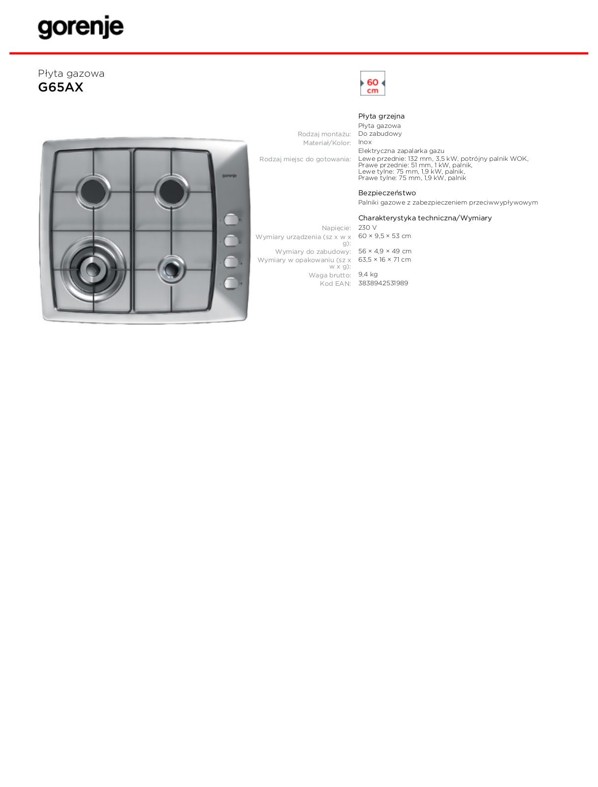 Gorenje G65AX DATASHEET