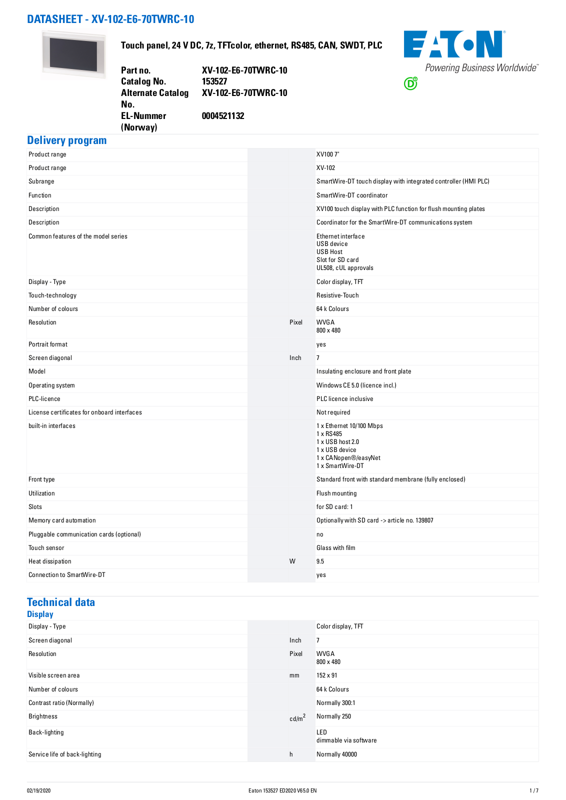 Cutler Hammer, Div of Eaton Corp XV-102-E6-70TWRC-10 Data Sheet