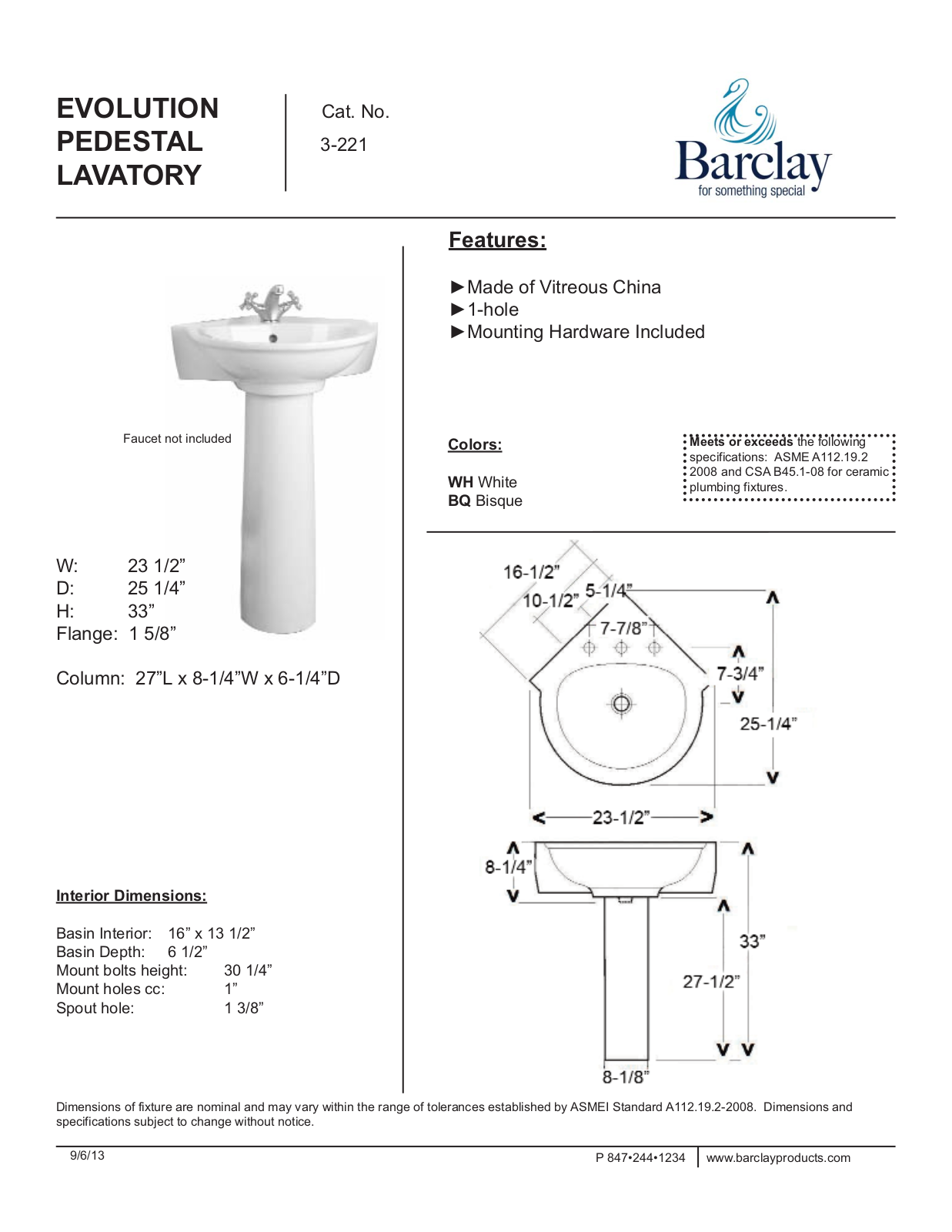 Barclay C3430WH, B3221WH Specifications