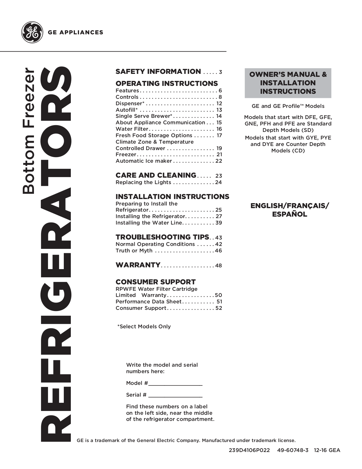 GE PYE22PSKGSS, PYE22PSKFSS, PYE22PSKESS, PYE22PSKDSS, PYE22PSKCSS Owner’s Manual