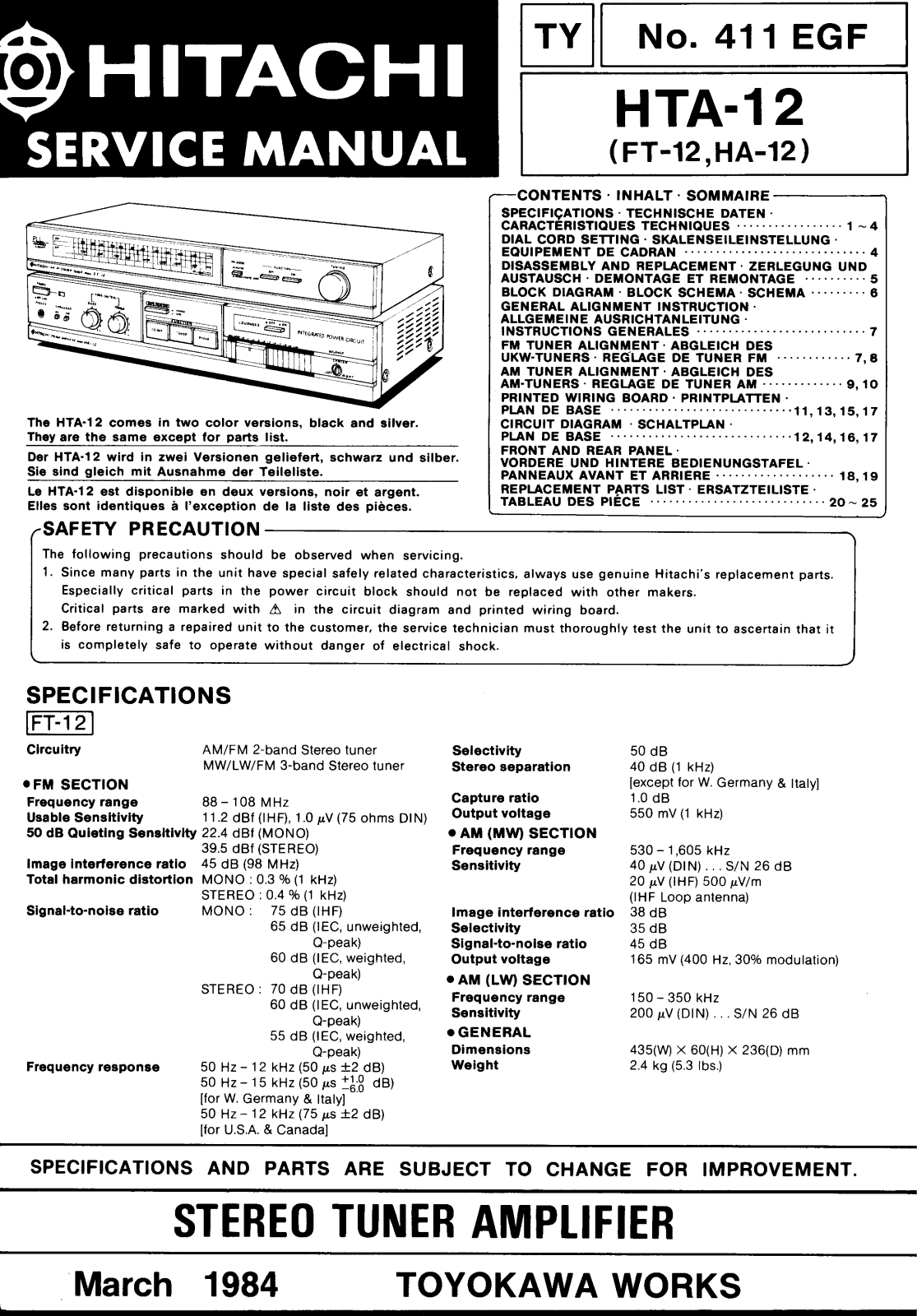 Hitachi HA-12, FT-12 Service Manual