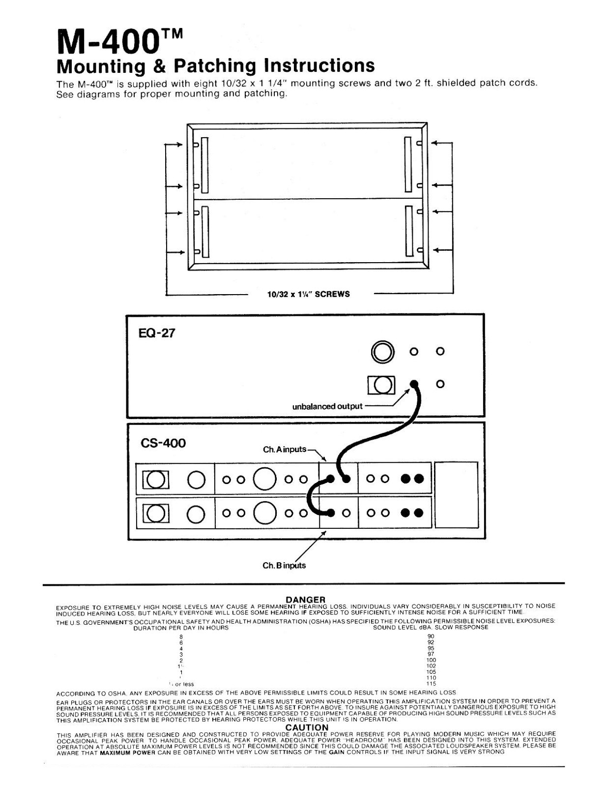 Peavey M-400 MOUNTING AND PATCHING INSTRUCTIONS