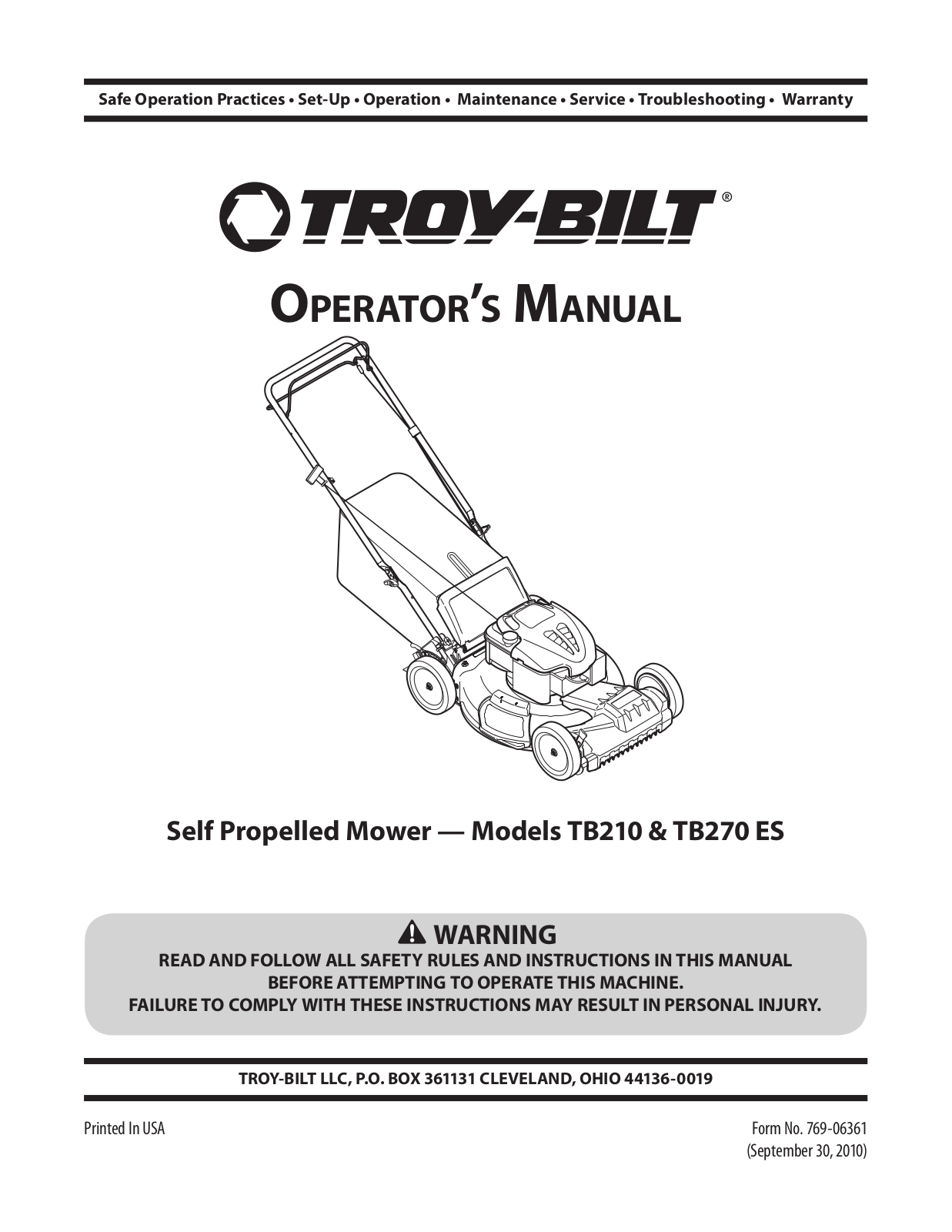 Troy-Bilt TB270 ES User Manual