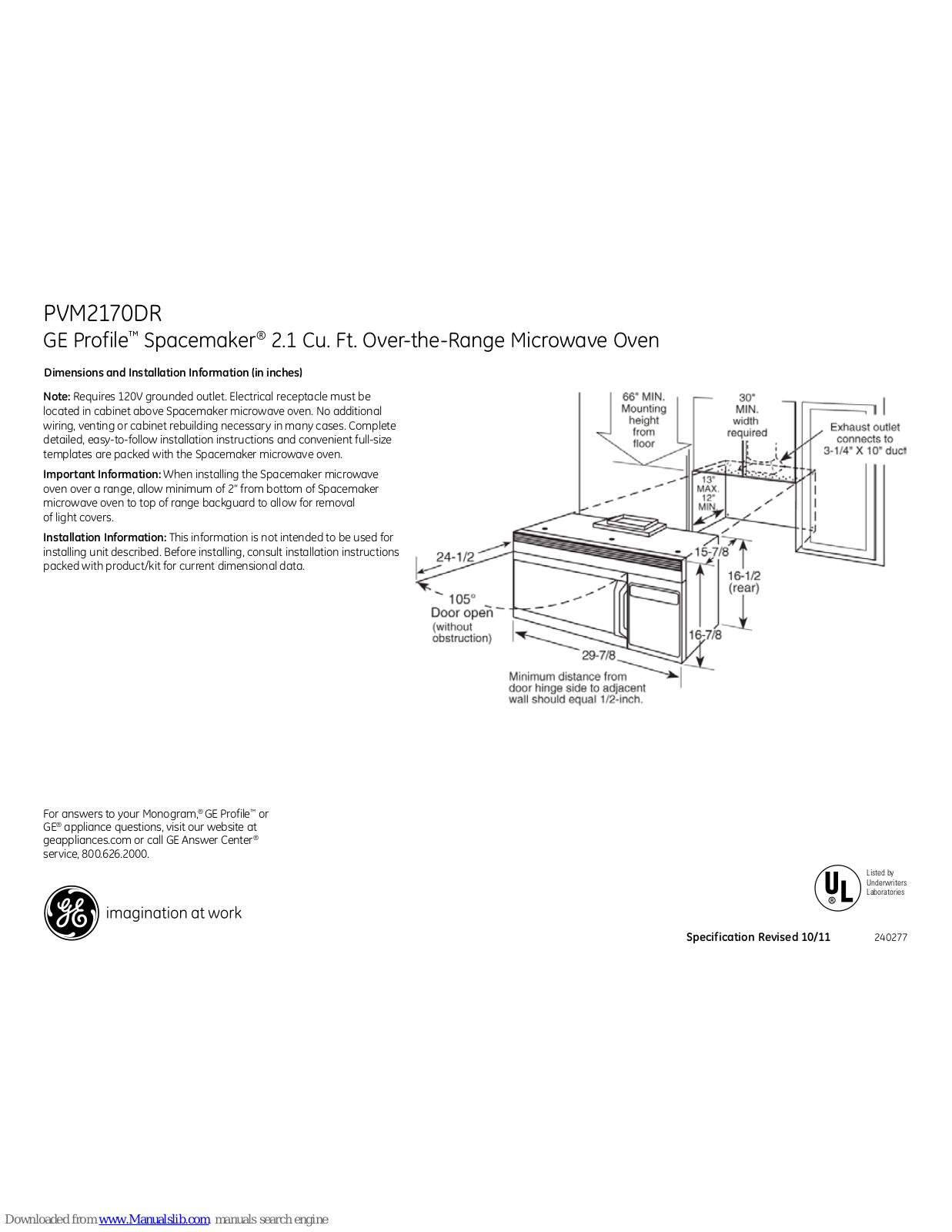 GE Profile Spacemaker PVM2170DR, Profile Spacemaker PVM2170SRSS Dimensions And Installation Information - ManualMachine.com