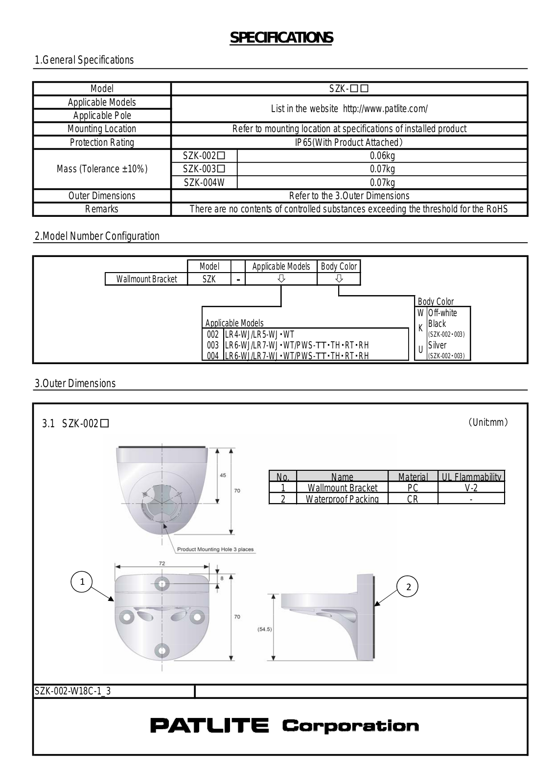 Patlite SZK Specifications - ManualMachine.com