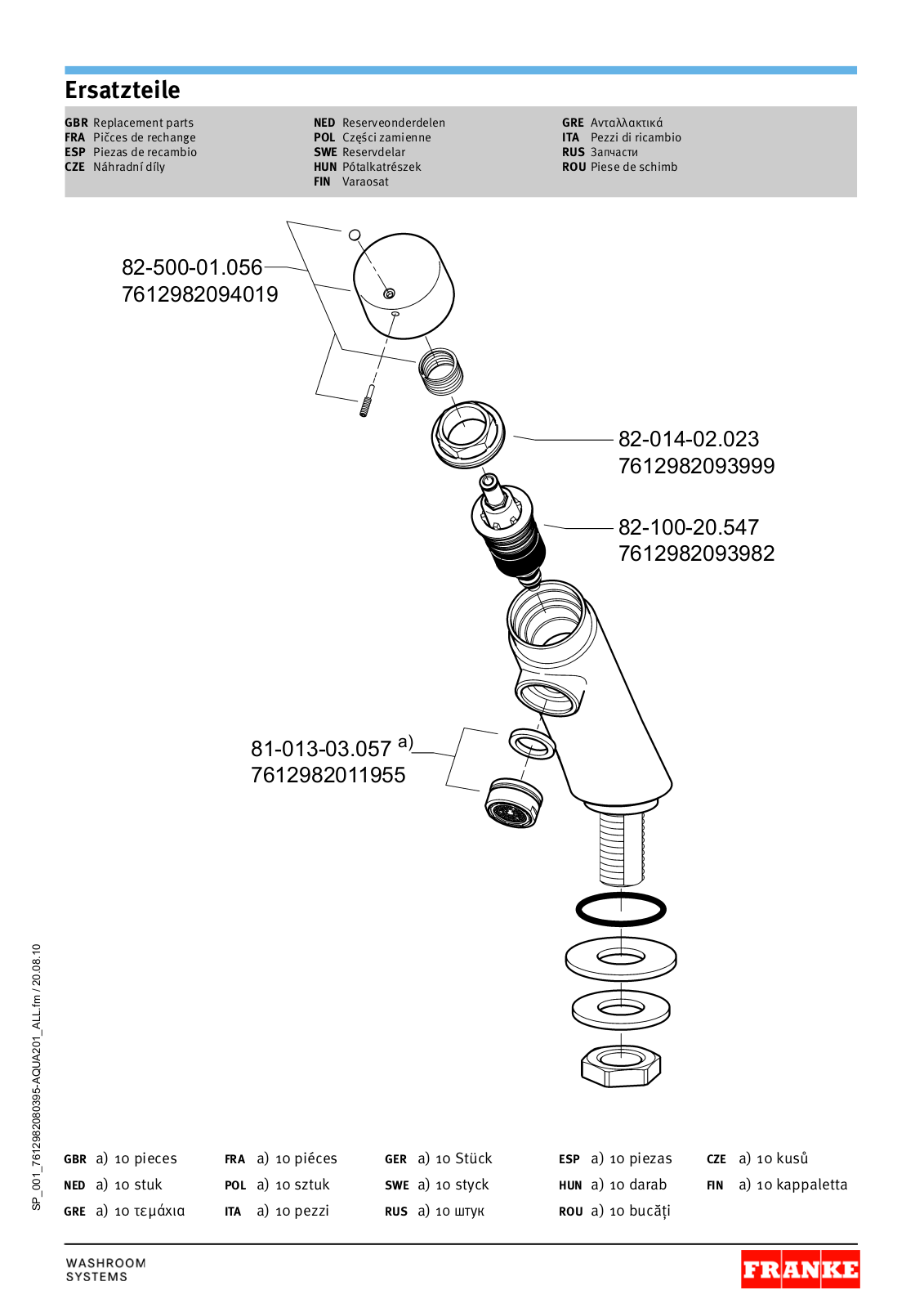 Franke Foodservice AQUA201 Parts List