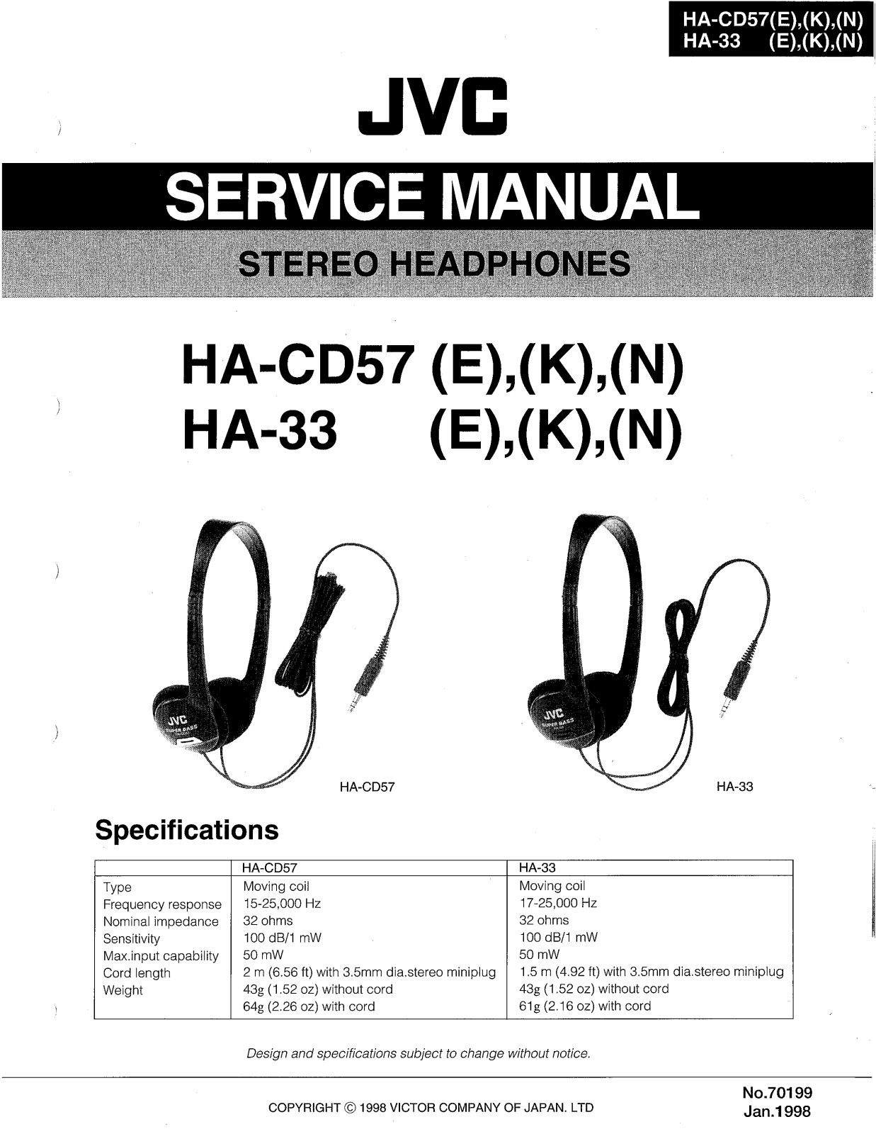 JVC HA-33(E), HA-33(K), HA-CD57(E), HA-CD57(K), HA-CD57(N) Service Manual