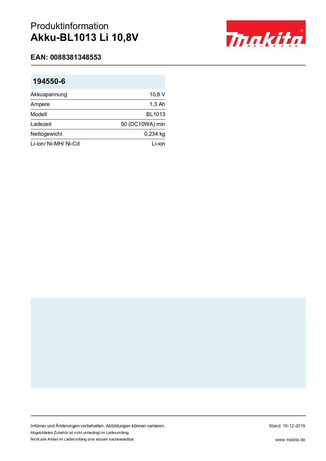 Makita BL1013 Technical data