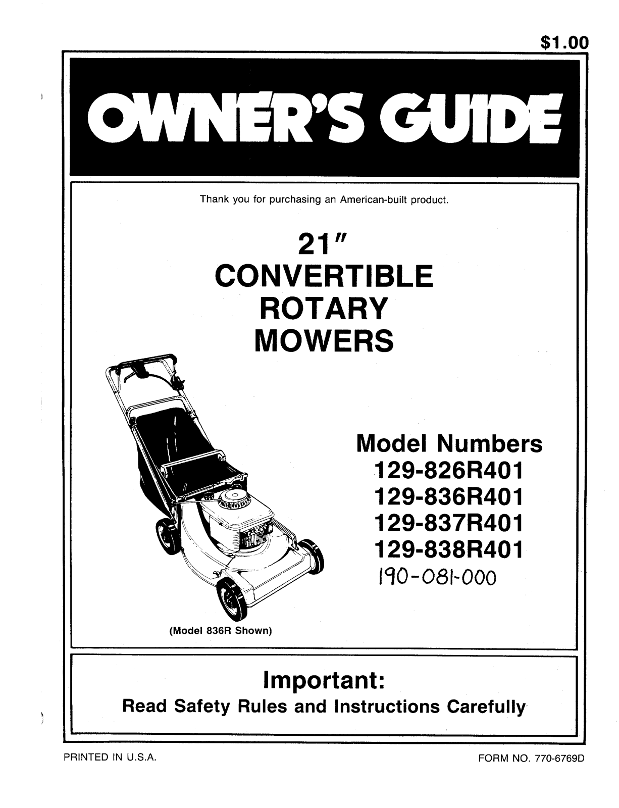 MTD 129-838R401, 129-837R401, 129-836R401, 129-826R401 User Manual