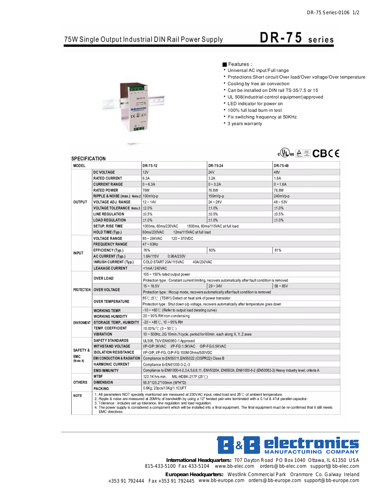 B&B Electronics DR-75-12, DR-75-48, DR-75-24 User Manual