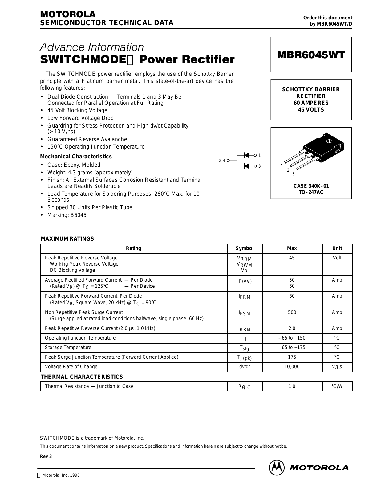 Motorola MBR6045WT Datasheet