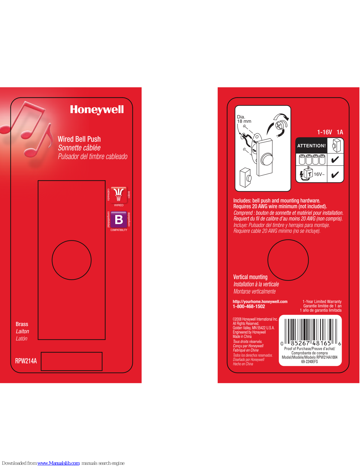 Honeywell RPW214A Mounting Instruction